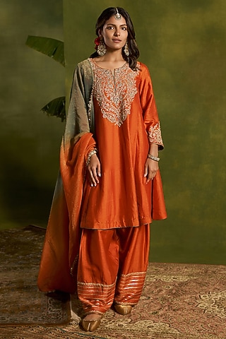 Rust Silk Dori Embroidered Kurta Set by Kritika Dawar