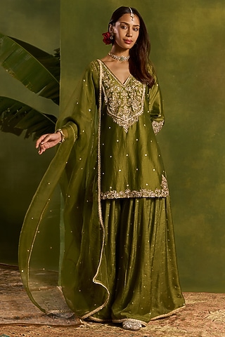 Mehendi Green Silk Sequins Embroidered Sharara Set by Kritika Dawar