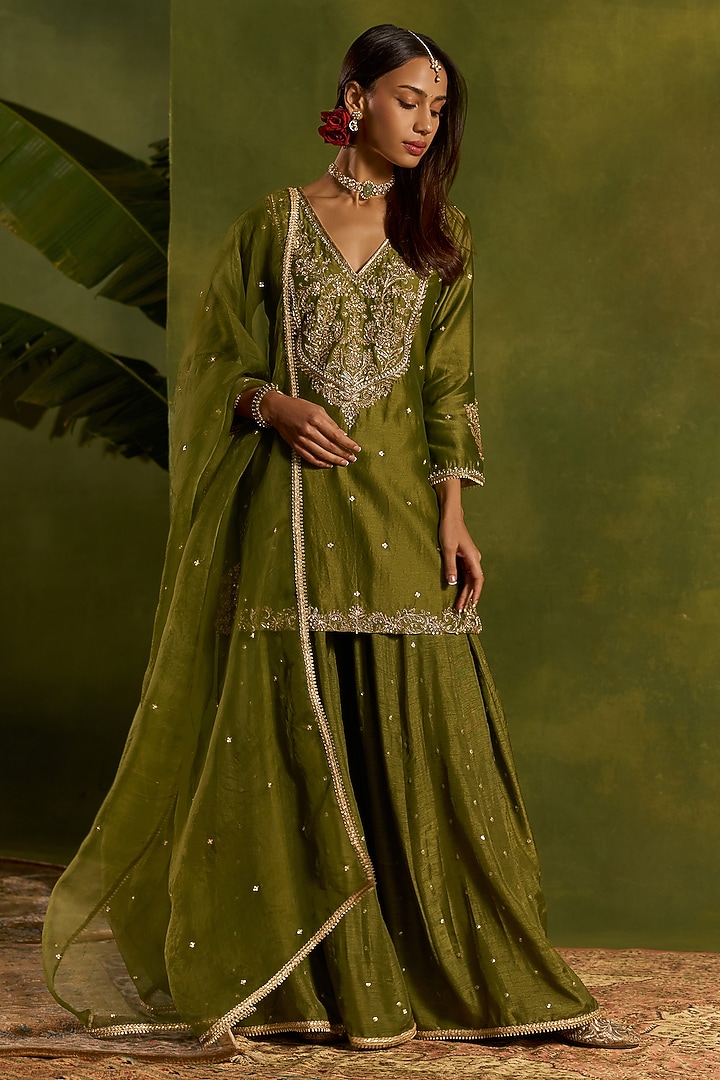 Mehendi Green Silk Sequins Embroidered Wedding Sharara Set by Kritika Dawar at Pernia's Pop Up Shop