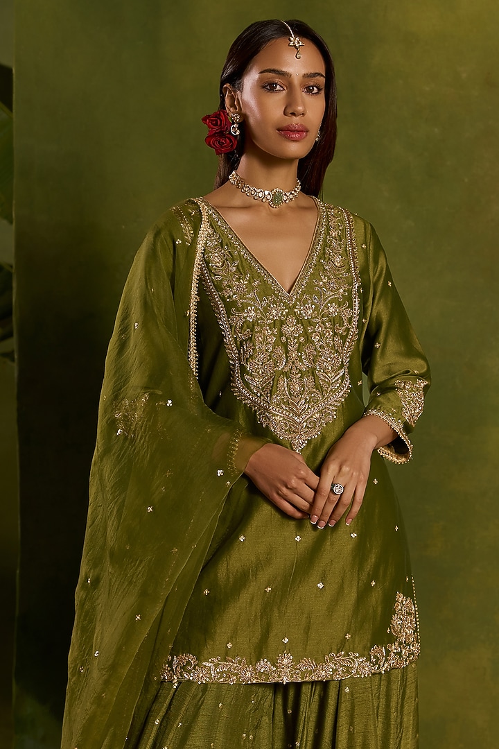 Mehendi Green Silk Sequins Embroidered Wedding Sharara Set by Kritika Dawar at Pernia's Pop Up Shop
