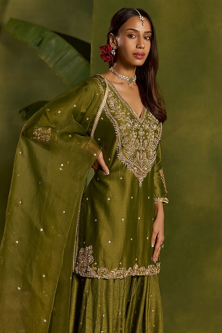 Mehendi Green Silk Sequins Embroidered Wedding Sharara Set by Kritika Dawar at Pernia's Pop Up Shop