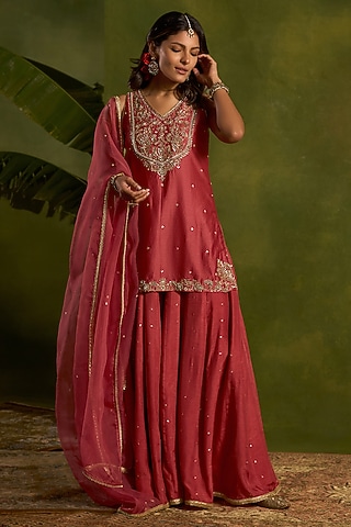 Coral Silk Sequins Embroidered Sharara Set by Kritika Dawar