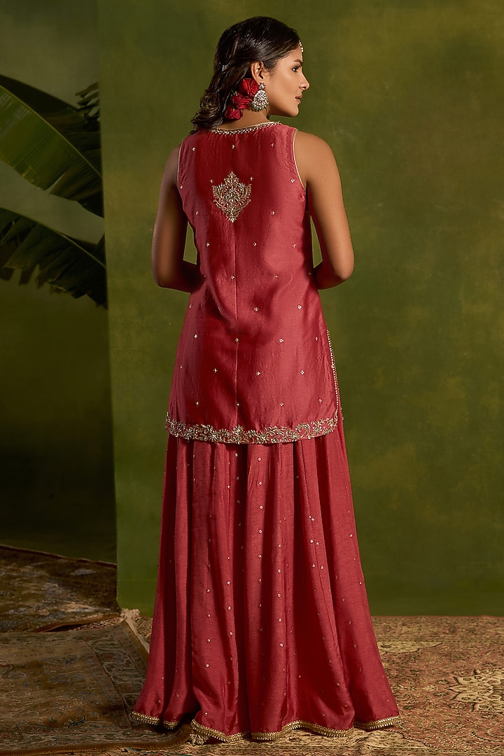 Coral Silk Sequins Embroidered Wedding Sharara Set by Kritika Dawar at Pernia's Pop Up Shop