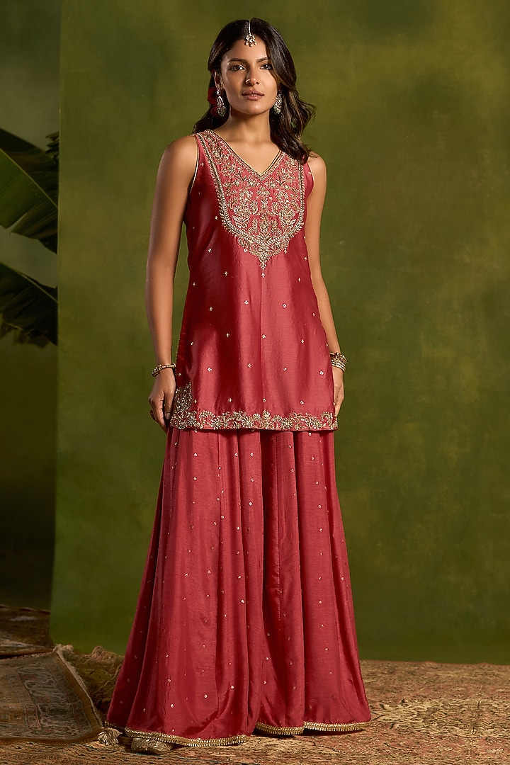 Coral Silk Sequins Embroidered Wedding Sharara Set by Kritika Dawar at Pernia's Pop Up Shop