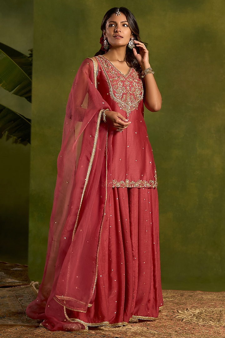 Coral Silk Sequins Embroidered Wedding Sharara Set by Kritika Dawar at Pernia's Pop Up Shop