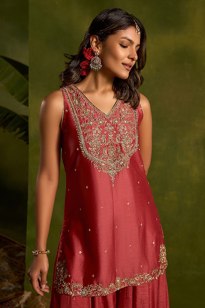 Coral Silk Sequins Embroidered Wedding Sharara Set by Kritika Dawar at Pernia's Pop Up Shop