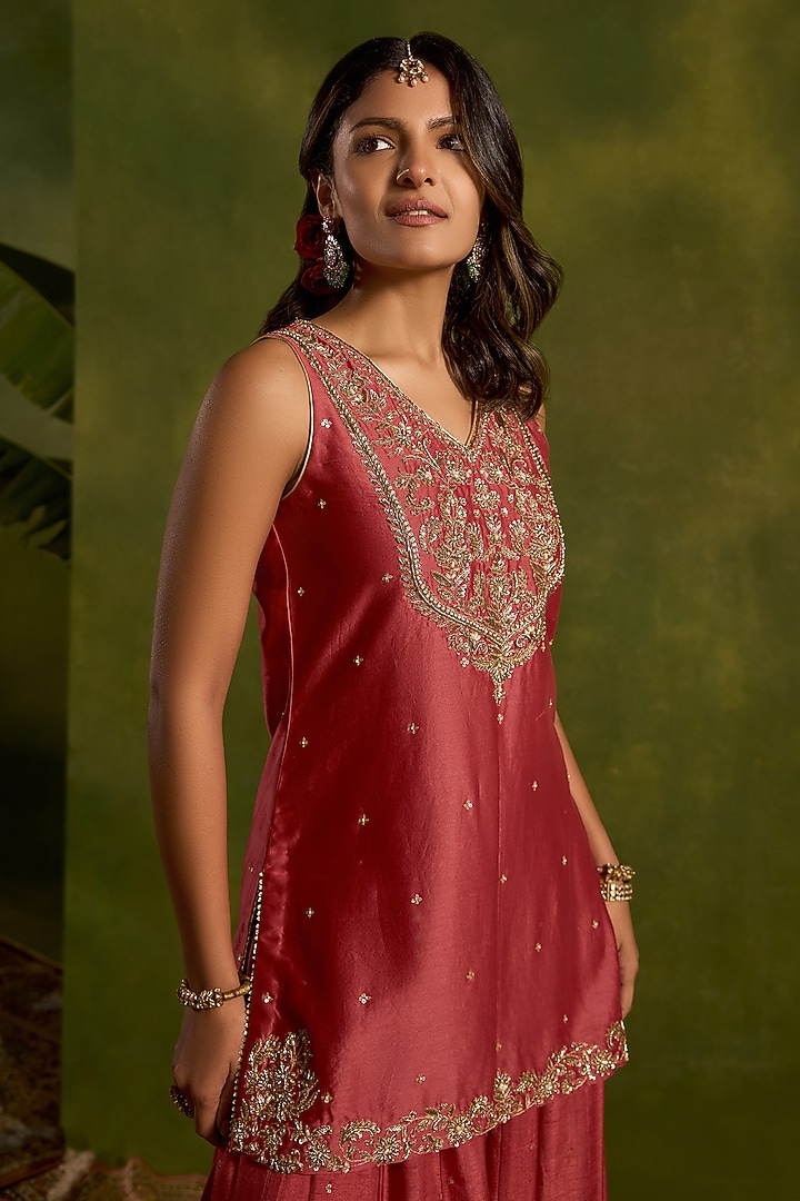 Coral Silk Sequins Embroidered Wedding Sharara Set by Kritika Dawar at Pernia's Pop Up Shop