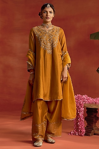 Yellow Silk Dori Embroidered Kurta Set by Kritika Dawar