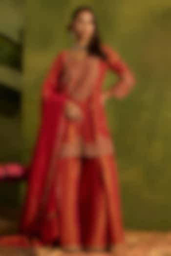 Coral Tissue Silk Wedding Sharara Set by Kritika Dawar at Pernia's Pop Up Shop