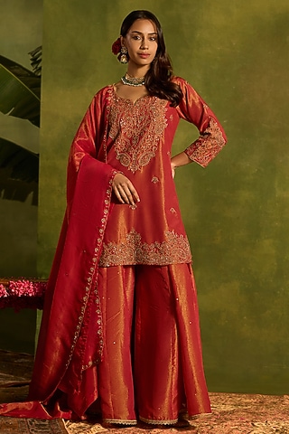 Coral Tissue Silk Sharara Set by Kritika Dawar
