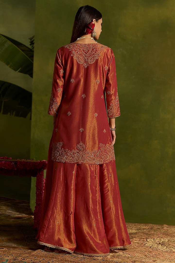 Coral Tissue Silk Wedding Sharara Set by Kritika Dawar at Pernia's Pop Up Shop