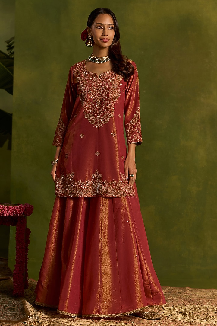 Coral Tissue Silk Wedding Sharara Set by Kritika Dawar at Pernia's Pop Up Shop