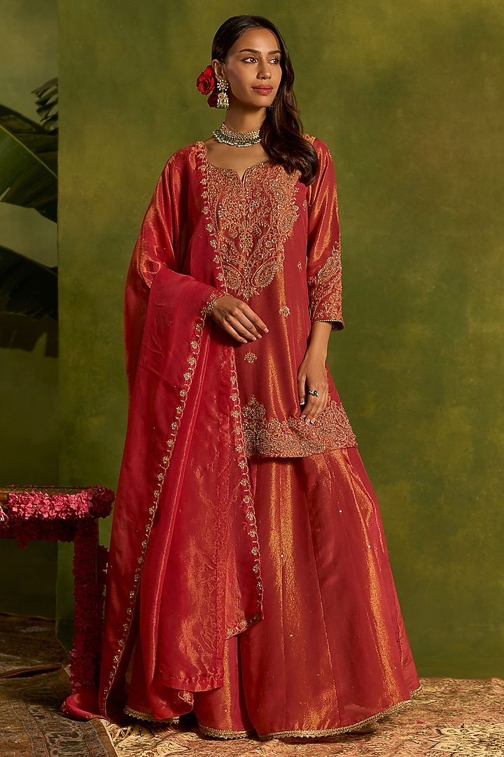 Coral Tissue Silk Wedding Sharara Set by Kritika Dawar at Pernia's Pop Up Shop