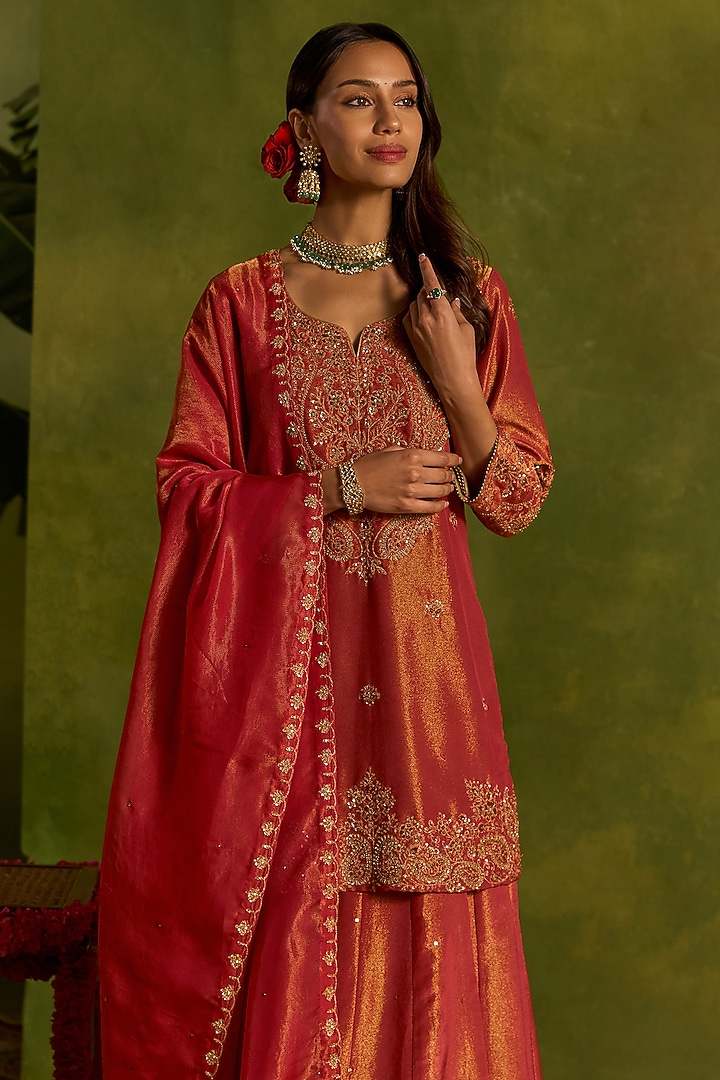 Coral Tissue Silk Wedding Sharara Set by Kritika Dawar at Pernia's Pop Up Shop