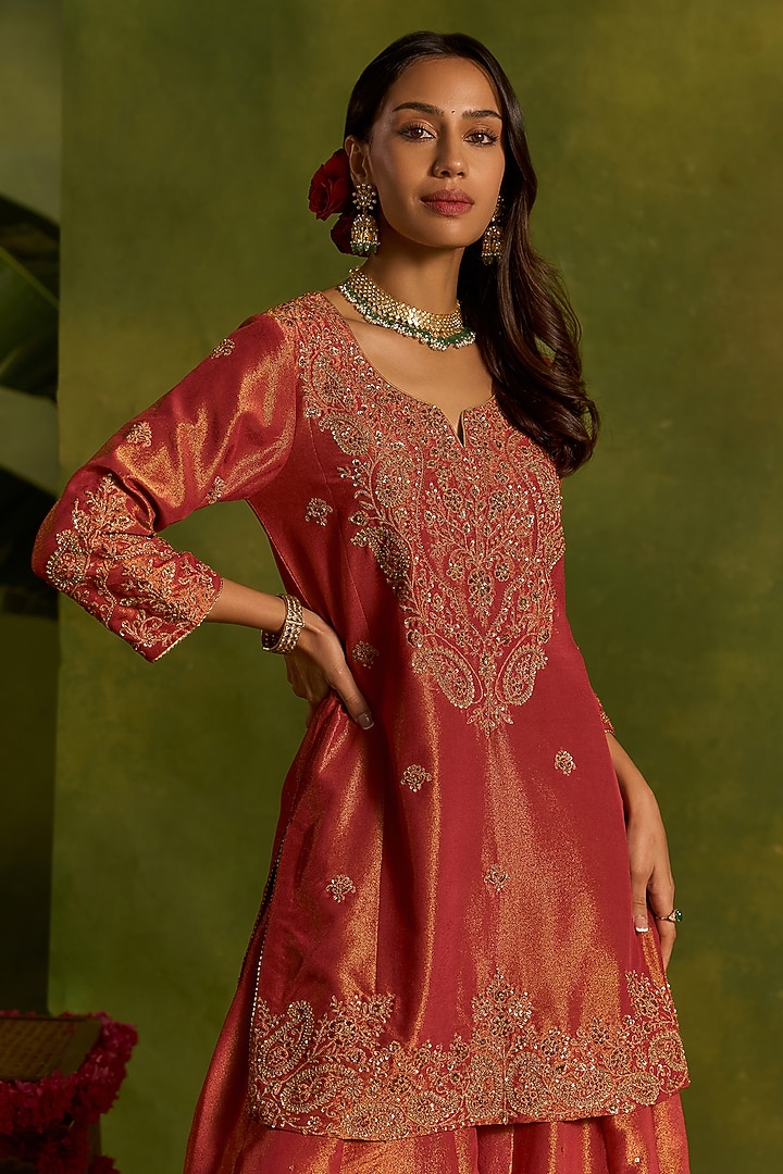 Coral Tissue Silk Wedding Sharara Set by Kritika Dawar at Pernia's Pop Up Shop