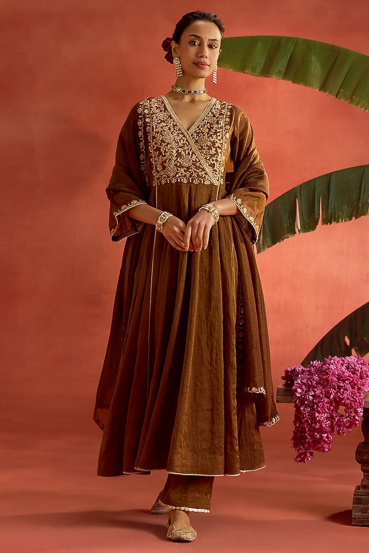 Brown Tissue Chanderi Dori Embroidered Angrakha Party Wear Anarkali Set by Kritika Dawar at Pernia's Pop Up Shop