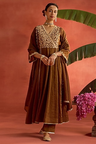 Brown Tissue Chanderi Dori Embroidered Angrakha Anarkali Set by Kritika Dawar