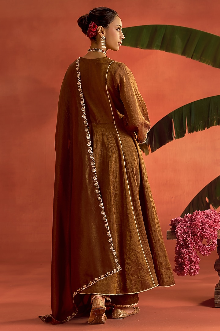 Brown Tissue Chanderi Dori Embroidered Angrakha Party Wear Anarkali Set by Kritika Dawar at Pernia's Pop Up Shop