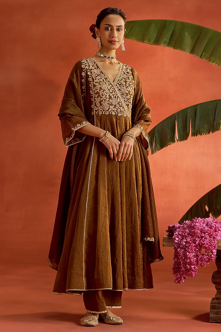 Brown Tissue Chanderi Dori Embroidered Angrakha Party Wear Anarkali Set by Kritika Dawar at Pernia's Pop Up Shop