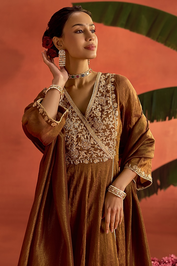 Brown Tissue Chanderi Dori Embroidered Angrakha Party Wear Anarkali Set by Kritika Dawar at Pernia's Pop Up Shop