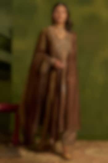 Brown Stripe Silk Chanderi Hand Embroidered Front-Open Kurta Set by Kritika Dawar at Pernia's Pop Up Shop