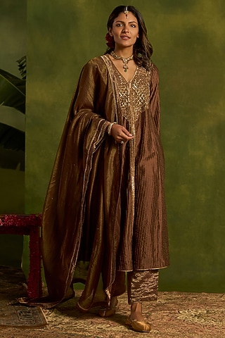 Brown Stripe Silk Chanderi Hand Embroidered Front-Open Kurta Set by Kritika Dawar
