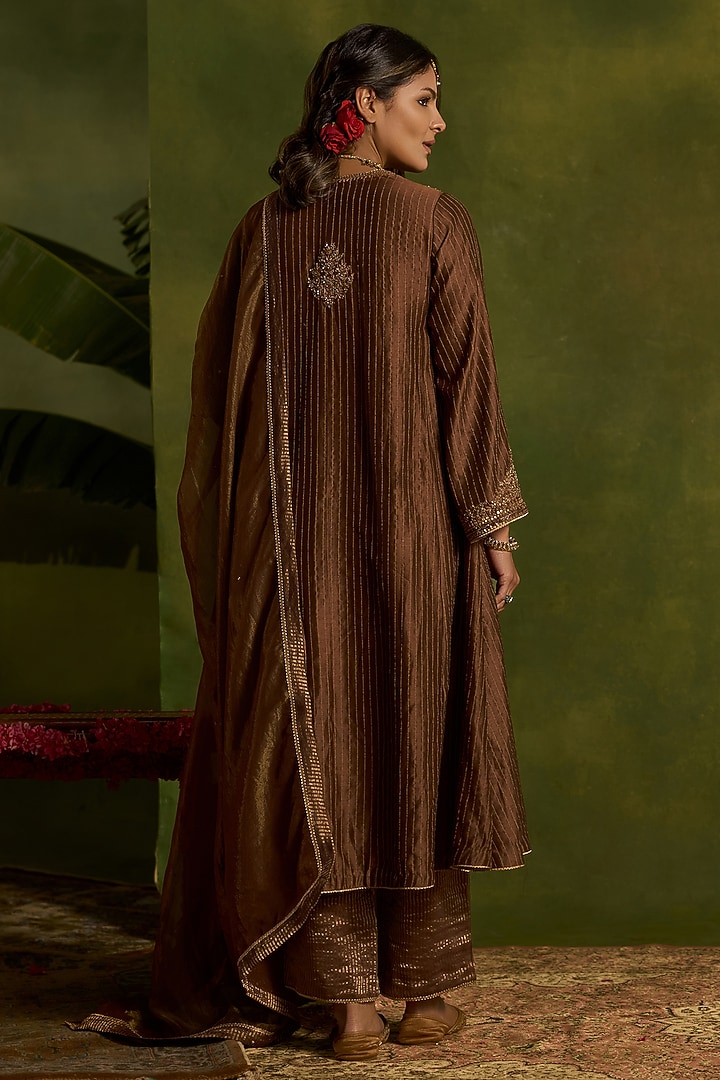 Brown Stripe Silk Chanderi Hand Embroidered Front-Open Kurta Set by Kritika Dawar at Pernia's Pop Up Shop