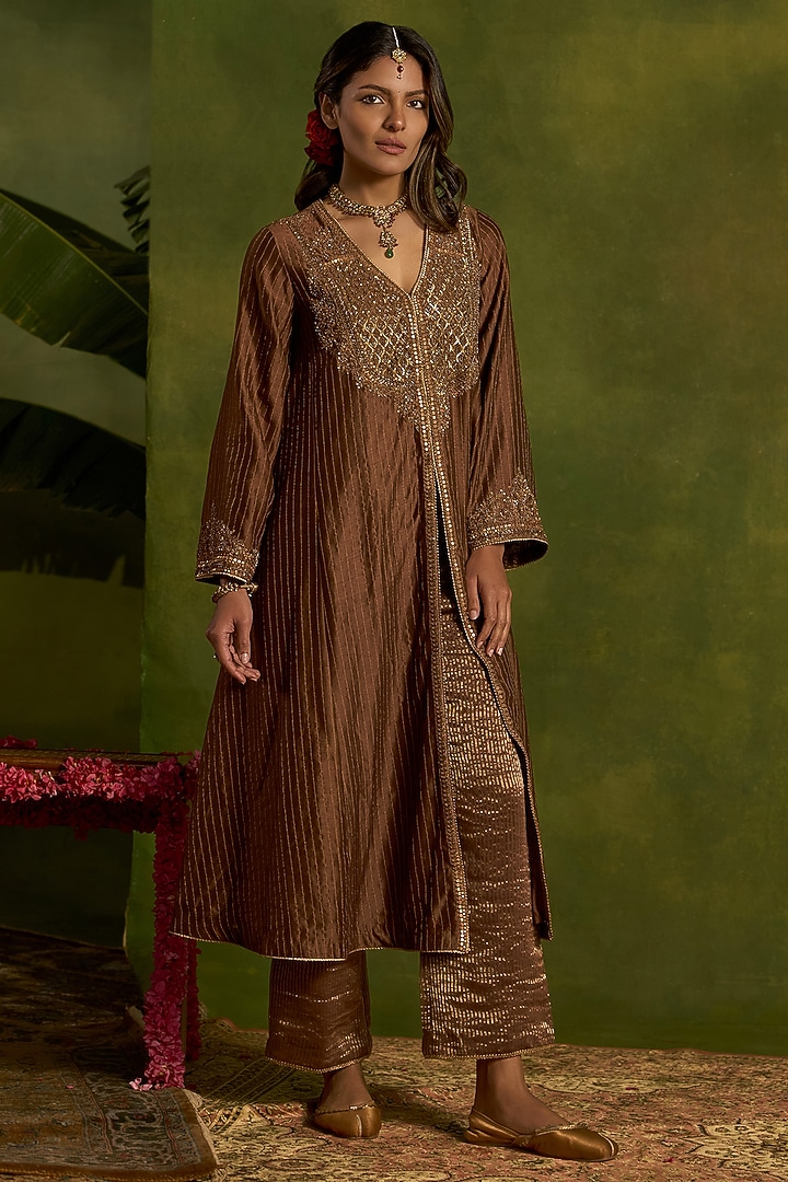 Brown Stripe Silk Chanderi Hand Embroidered Front-Open Kurta Set by Kritika Dawar at Pernia's Pop Up Shop