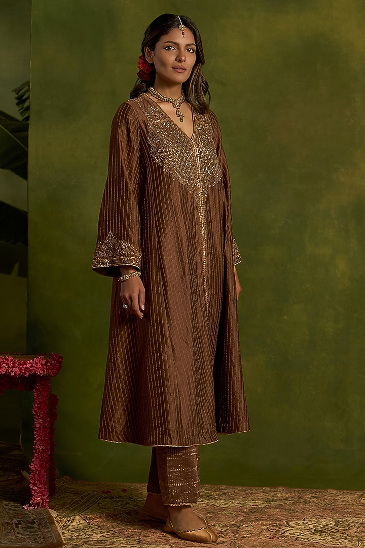Brown Stripe Silk Chanderi Hand Embroidered Front-Open Kurta Set by Kritika Dawar at Pernia's Pop Up Shop
