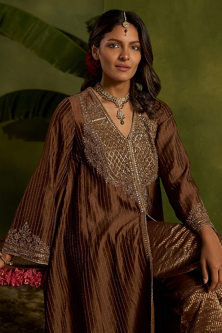 Brown Stripe Silk Chanderi Hand Embroidered Front-Open Kurta Set by Kritika Dawar at Pernia's Pop Up Shop