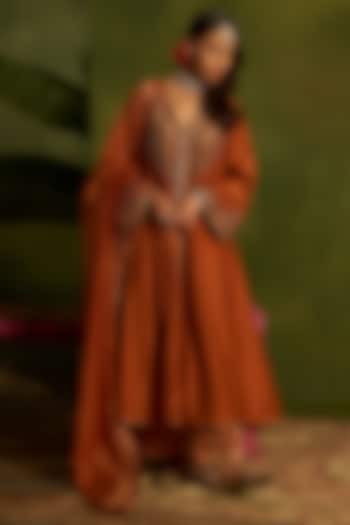 Rust Stripe Silk Chanderi Hand Embroidered Front-Open Kurta Set by Kritika Dawar at Pernia's Pop Up Shop