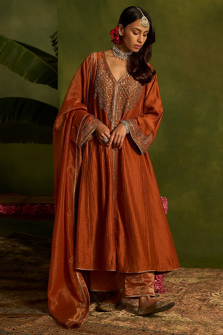 Rust Stripe Silk Chanderi Hand Embroidered Front-Open Kurta Set by Kritika Dawar at Pernia's Pop Up Shop