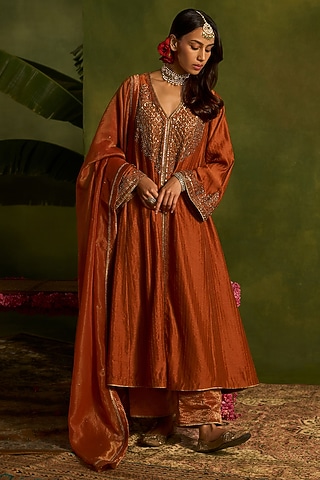 Rust Stripe Silk Chanderi Hand Embroidered Front-Open Kurta Set by Kritika Dawar