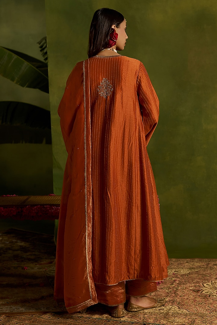 Rust Stripe Silk Chanderi Hand Embroidered Front-Open Kurta Set by Kritika Dawar at Pernia's Pop Up Shop