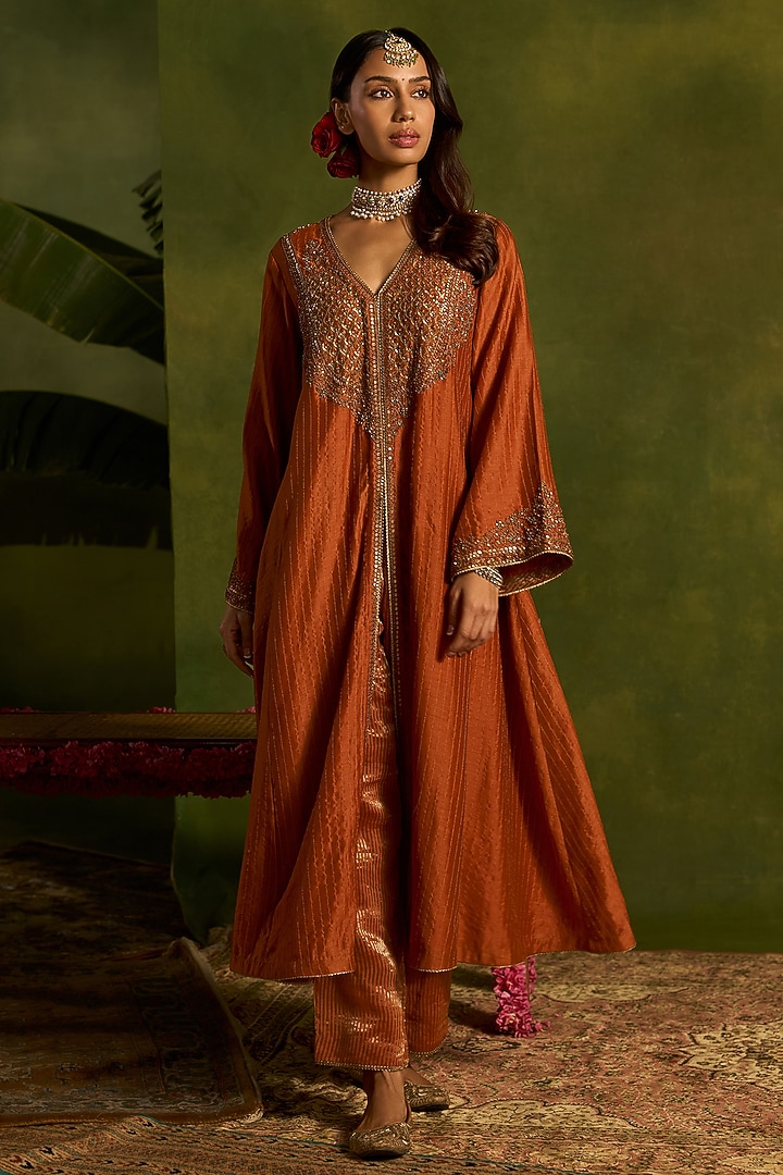 Rust Stripe Silk Chanderi Hand Embroidered Front-Open Kurta Set by Kritika Dawar at Pernia's Pop Up Shop