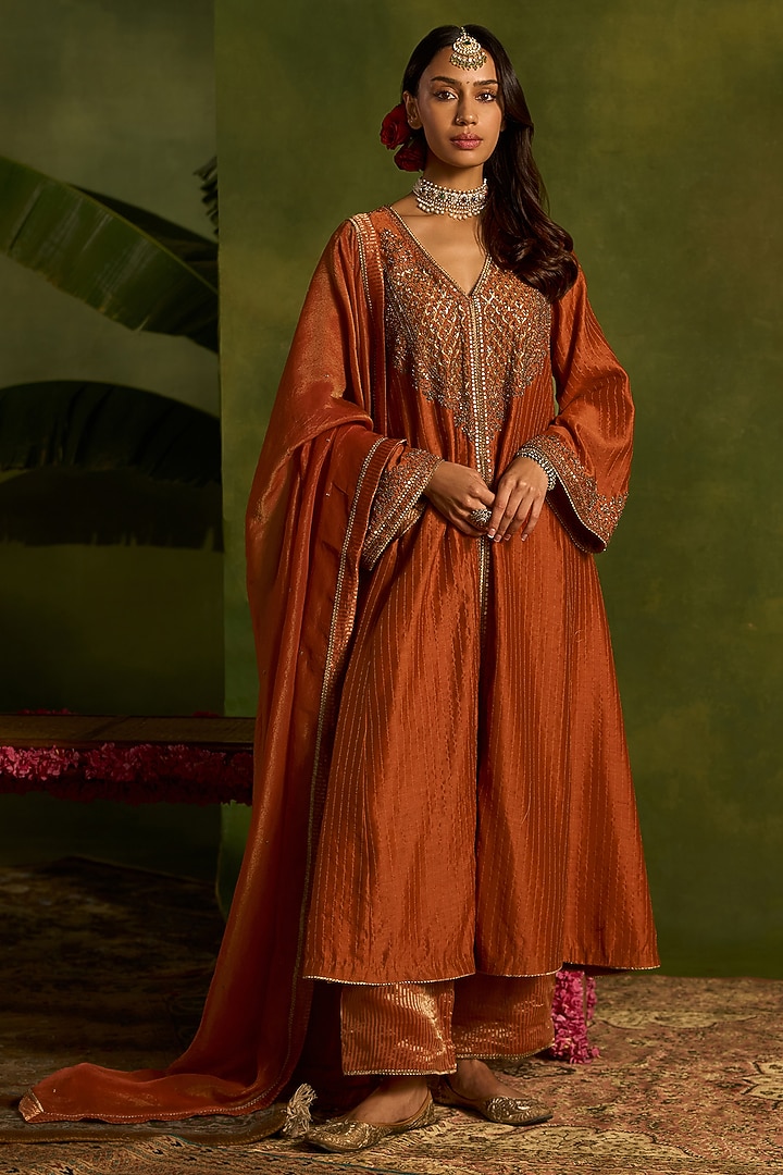 Rust Stripe Silk Chanderi Hand Embroidered Front-Open Kurta Set by Kritika Dawar at Pernia's Pop Up Shop