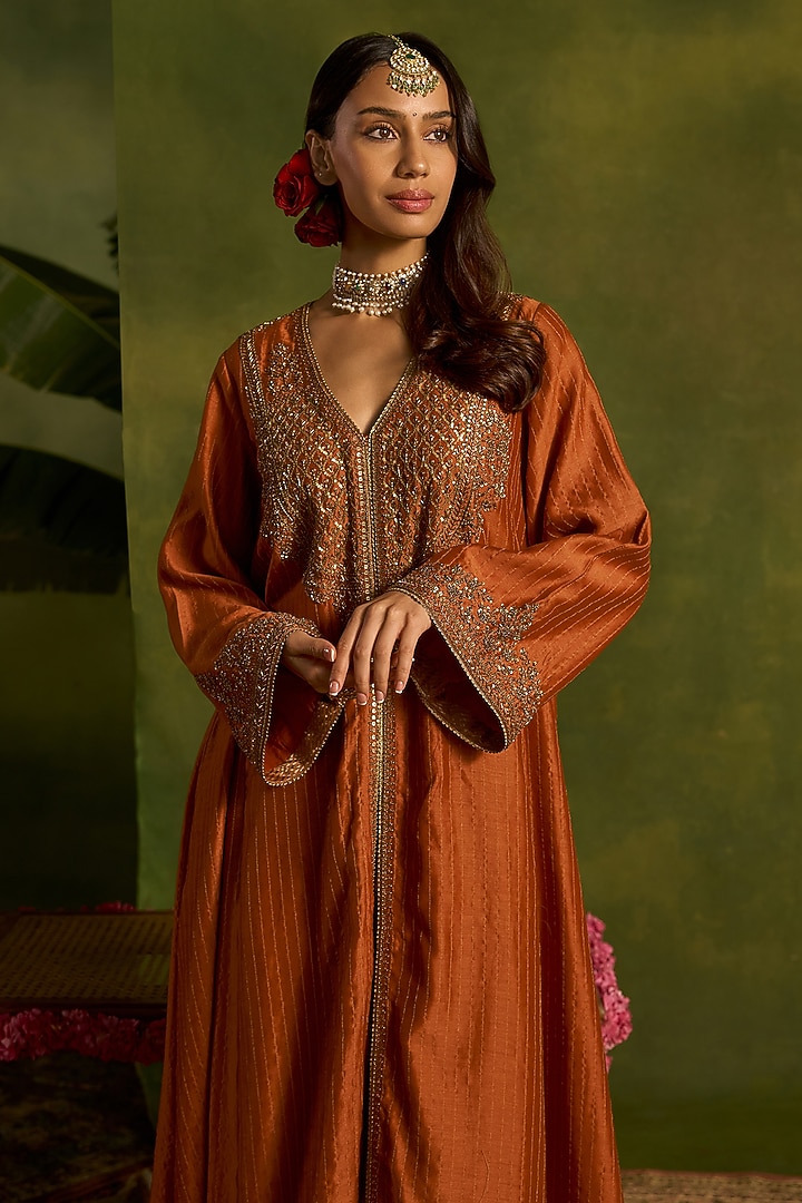 Rust Stripe Silk Chanderi Hand Embroidered Front-Open Kurta Set by Kritika Dawar at Pernia's Pop Up Shop