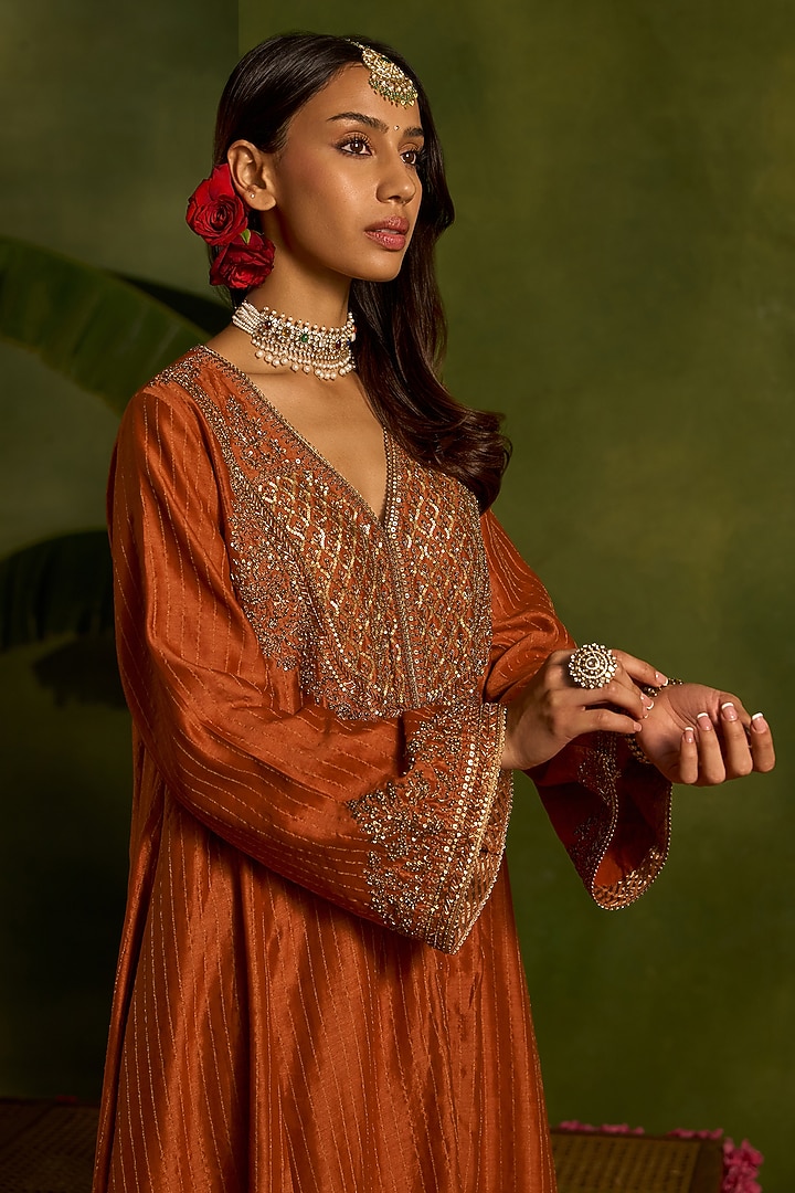 Rust Stripe Silk Chanderi Hand Embroidered Front-Open Kurta Set by Kritika Dawar at Pernia's Pop Up Shop