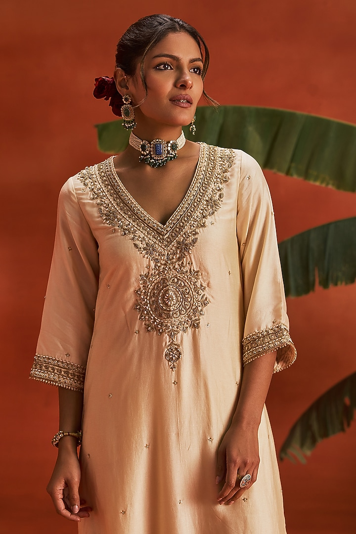 Ivory Silk Dabka Embroidered Kurta Set by Kritika Dawar at Pernia's Pop Up Shop