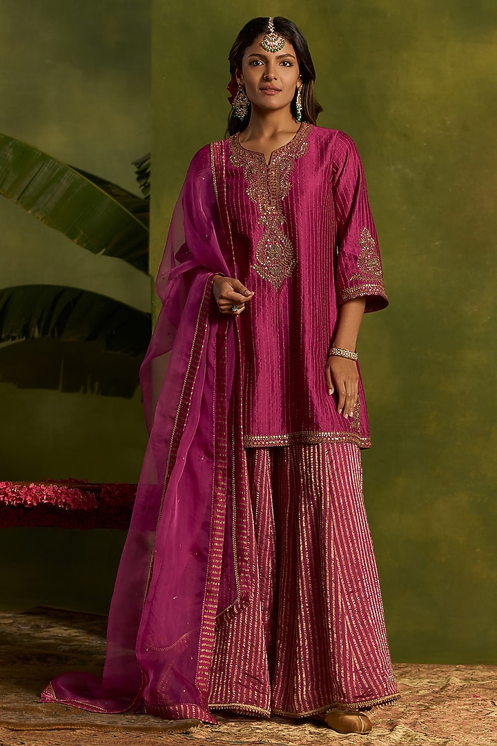 Magenta Tissue Crushed Chanderi Wedding Sharara Set by Kritika Dawar at Pernia's Pop Up Shop