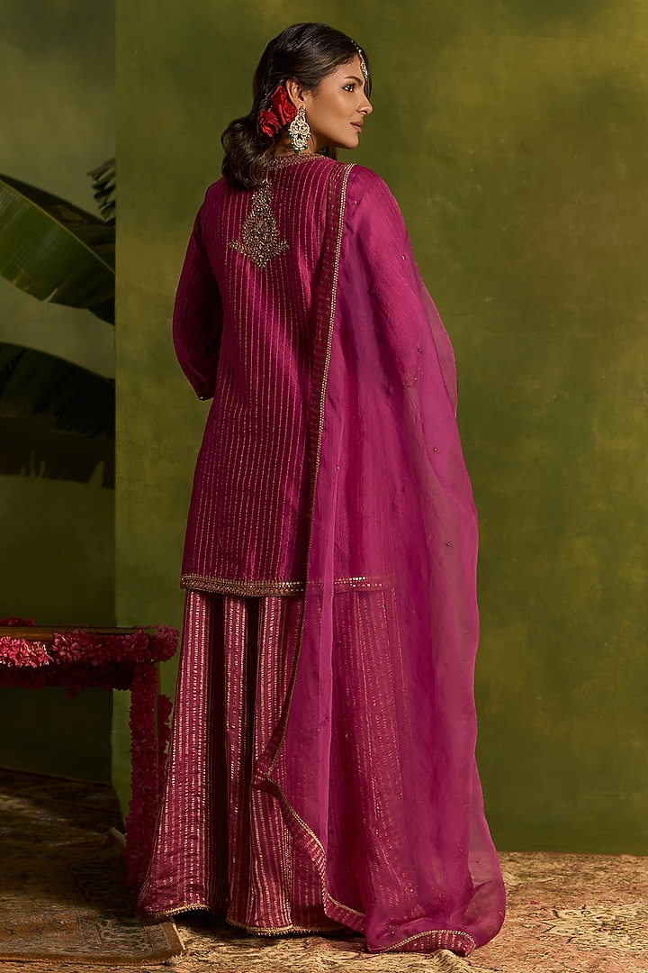 Magenta Tissue Crushed Chanderi Wedding Sharara Set by Kritika Dawar at Pernia's Pop Up Shop