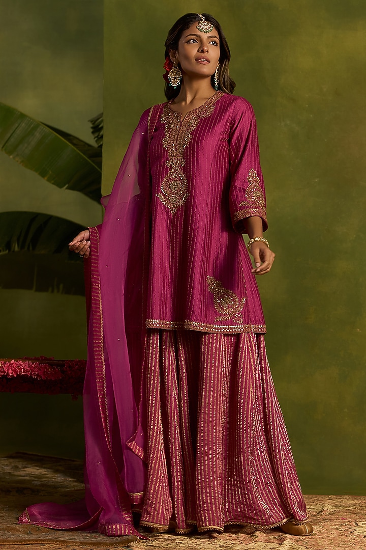 Magenta Tissue Crushed Chanderi Wedding Sharara Set by Kritika Dawar at Pernia's Pop Up Shop