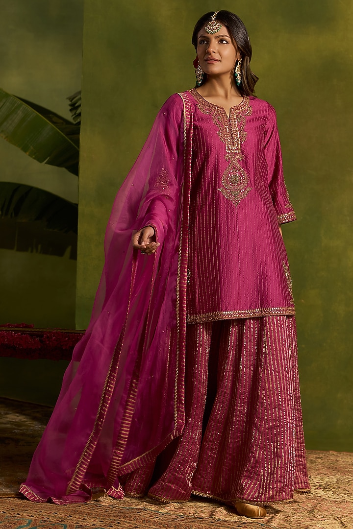 Magenta Tissue Crushed Chanderi Wedding Sharara Set by Kritika Dawar at Pernia's Pop Up Shop