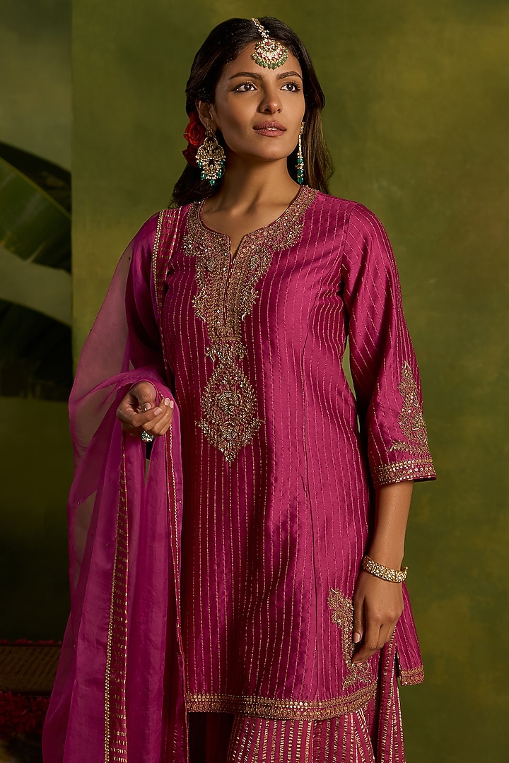Magenta Tissue Crushed Chanderi Wedding Sharara Set by Kritika Dawar at Pernia's Pop Up Shop