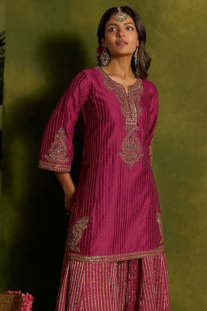 Magenta Tissue Crushed Chanderi Wedding Sharara Set by Kritika Dawar at Pernia's Pop Up Shop