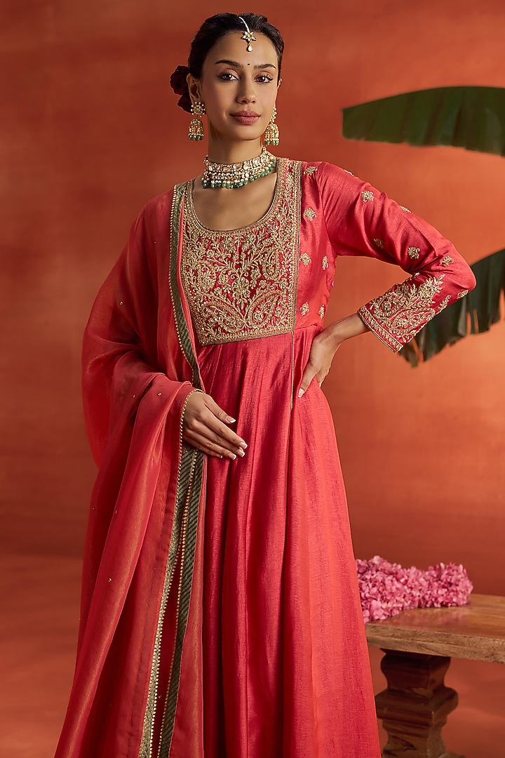 Coral Silk Dori & Aari Embroidered Wedding Anarkali Set by Kritika Dawar at Pernia's Pop Up Shop