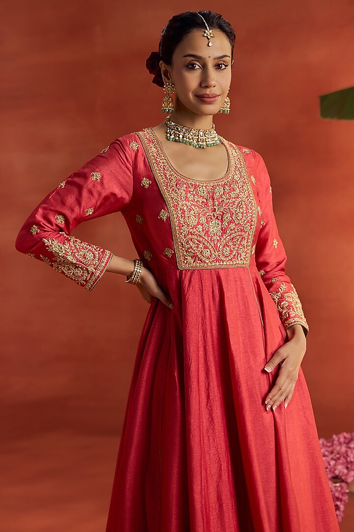 Coral Silk Dori & Aari Embroidered Wedding Anarkali Set by Kritika Dawar at Pernia's Pop Up Shop