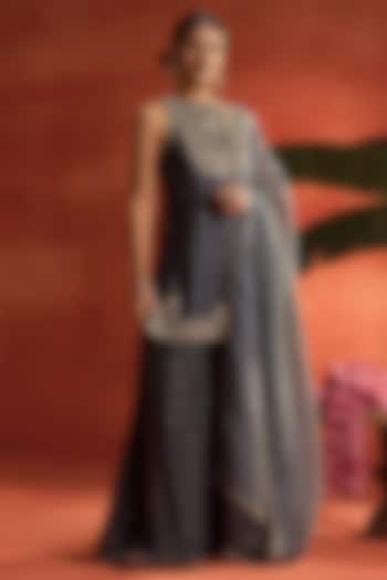 Grey Silk Thread Work Wedding Sharara Set by Kritika Dawar at Pernia's Pop Up Shop