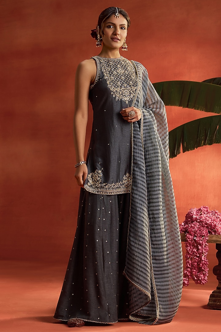 Grey Silk Thread Work Wedding Sharara Set by Kritika Dawar at Pernia's Pop Up Shop
