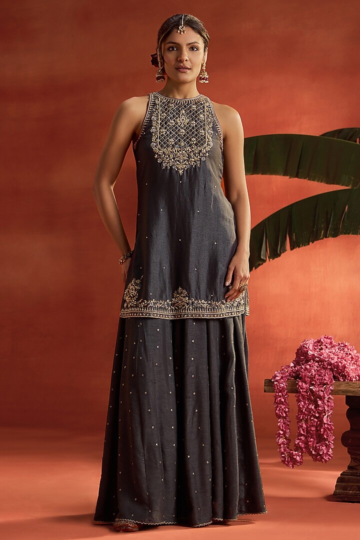 Grey Silk Thread Work Wedding Sharara Set by Kritika Dawar at Pernia's Pop Up Shop